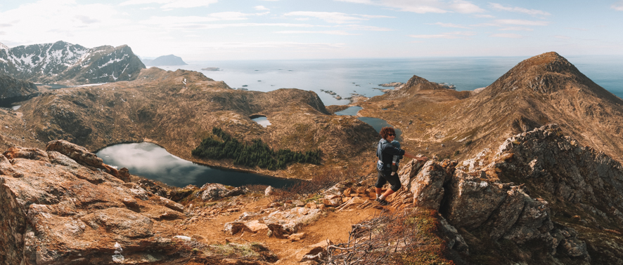 Panoramic view hike Quenn route with baby Vesteralen Norway